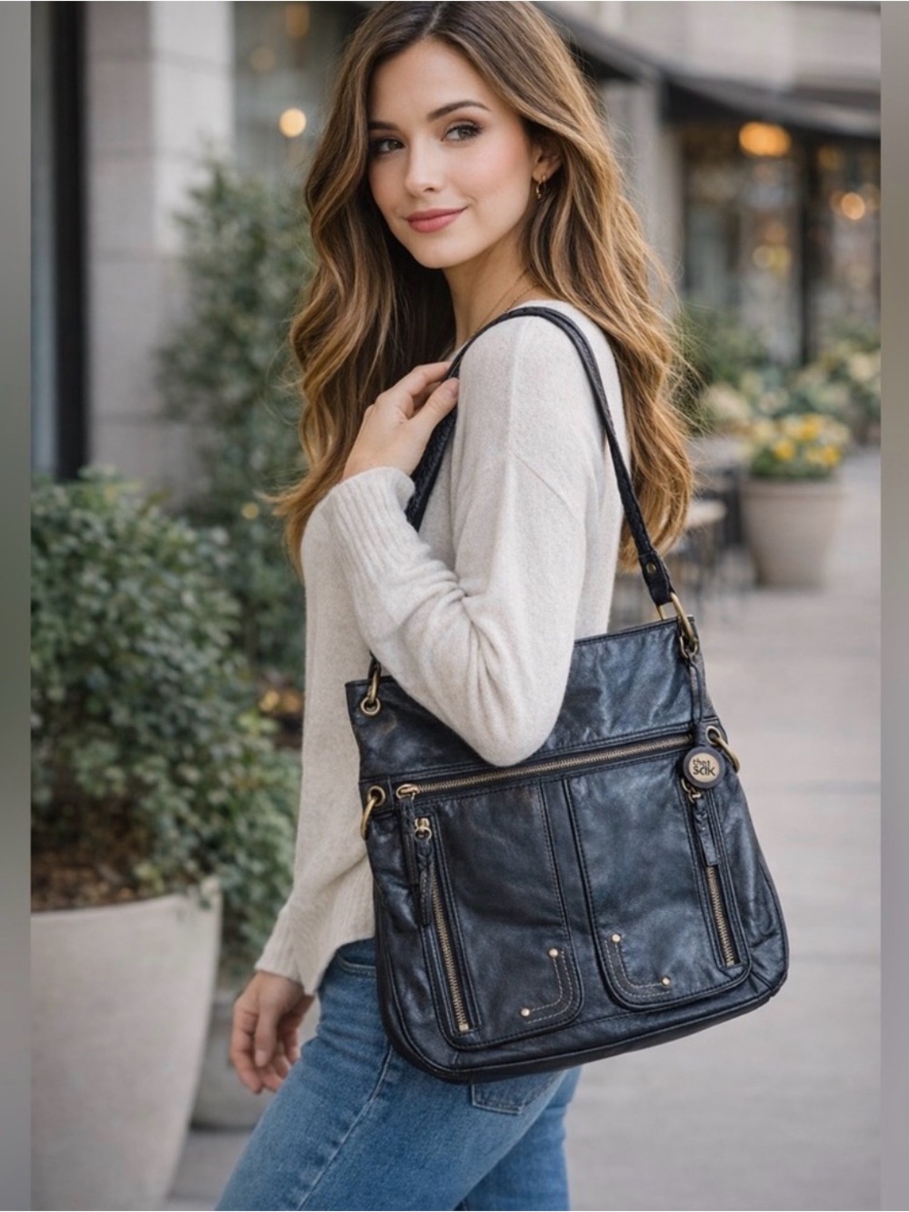 The Sak Black Shoulder Bag Multi Pocket Gold Tone Hardware Everyday Purse